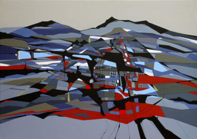 Abstrakt maleri af en by udstrakt foran bjergene