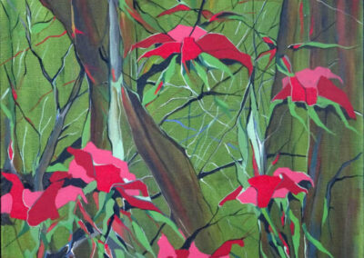Abstrakt maleri af røde blade i skov