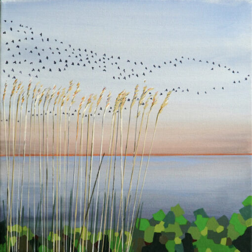 Abstrakt maleri af fugleflok der flyver over himlen