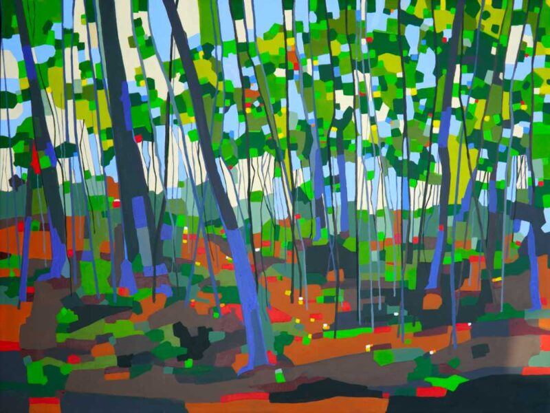 Abstreakt maleri i akryl af en skovstemning